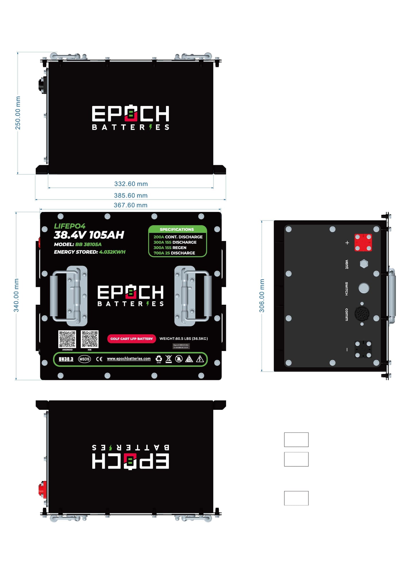 Epoch Batteries 36V 105Ah - LiMax Series - Lithium (LiFePO4) Golf Cart Battery - Complete Kit