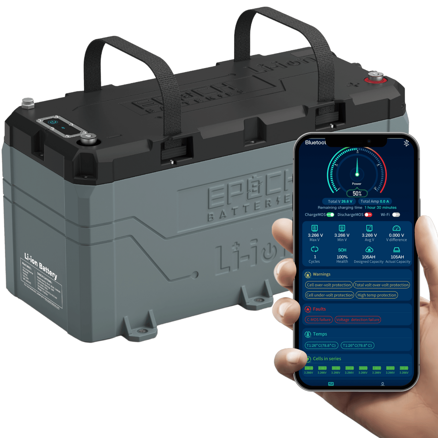 Epoch Batteries 36V 100Ah (3.84kWh) LiFePO4 Lithium Battery - Bluetooth, Heating, Waterproof