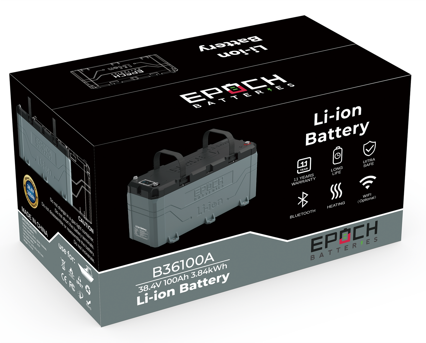 Epoch Batteries 36V 100Ah (3.84kWh) LiFePO4 Lithium Battery - Bluetooth, Heating, Waterproof